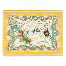 Floral Bird Paper Lace Valentine Card c1895 Forget Me Not Flower Antique B437