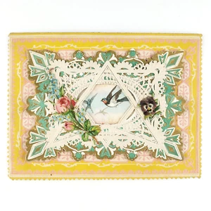Floral Bird Paper Lace Valentine Card c1895 Forget Me Not Flower Antique B437 - Picture 1 of 3