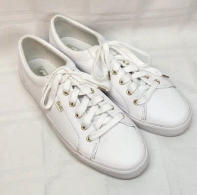 Keds Sneakers Women's Size 11 White Leather Jump Kick Lace-Up Shoes Gold Accents - Image 1 of 4