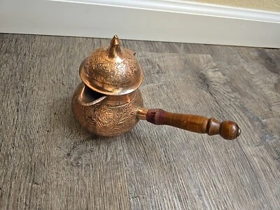 Vtg Brass Turkish Arabic Coffee Tea pot Engraving long handle 5 In Lift Top - Image 1 of 4