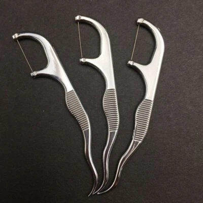 3 peças palito de aço inoxidável fio dental reutilizável suporte de fio dental dentes limpos - Imagem 1 de 4