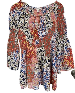 Spense Womens Smocked Floral Boho Blouse XL multicolor Bell Sleeves Lightweight - Picture 1 of 12