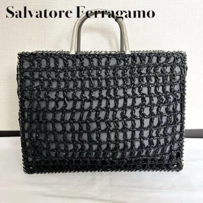 Salvatore Ferragamo Black Straw Tote Bag Handbag From Japan - Image 1 of 4