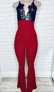 Red Black Valentine’s Lingerie Loungewear Warm Flare Pants Pajamas Sexy Onepiece - Picture 1 of 11