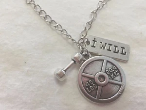 CROSSFIT GYM 45Lb Weight Lifting 'I WILL' BARBELL Silver Tone CHAIN NECKLACE - Picture 1 of 4