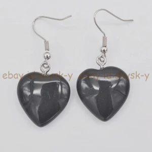 Natural Black Obsidian 20mm Flat Heart Gemstone Beads Dangle Hook Earrings - Picture 1 of 3