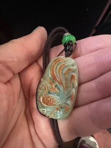 Red Green Jade Pendant Rooster Burma Grade A Certified Good Luck Cloth Cord 40mm - Picture 1 of 10