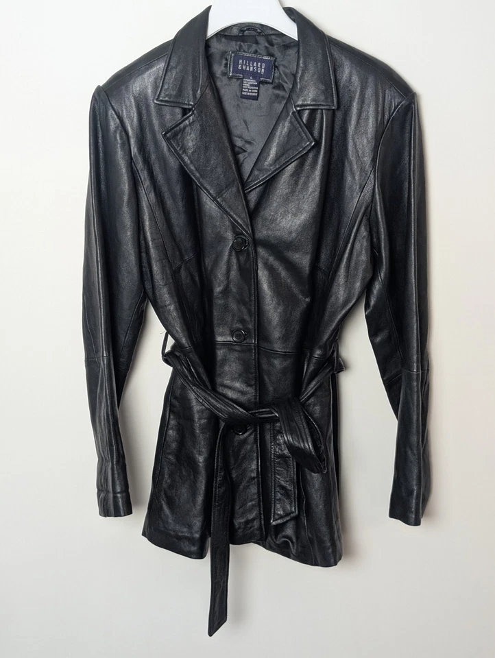 Abrigo chaqueta de cuero negro para mujer Hillard & Hanson con cinturón talla L – 27” de largo, 21” Foto 1 de 4