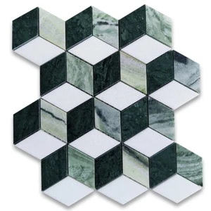 T34K2XP Thassos White Marble Illusion 3D Rhombus Hexagon Mosaic Tile Green - Picture 1 of 5