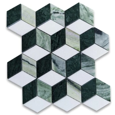 T34K2XP Thassos White Marble Illusion 3D Rhombus Hexagon Mosaic Tile Green - Image 1 of 4