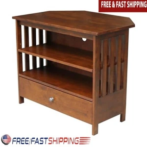 Corner TV Stand Eco Friendly Solid Parawood Durable Storage Drawer Shelves Home - Picture 1 of 6
