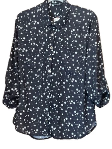 Select Sz 16 Fit 18 Black White Star Print Double Pocket Lotus Shirt Blouse TOP - Picture 1 of 3