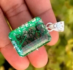Natural Rutilated Quartz 95.40 Ct 925 Solid Silver Pendant Emerald Green Gem - Picture 1 of 4