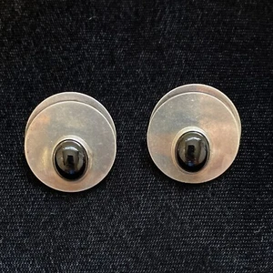 Vtg Round Sterling Silver Black Onyx Navajo Earrings Signed Rhonda 12.8g - Picture 1 of 7