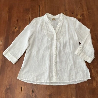 Womens JM Collection Size 14 Eggshell White 100% Linen Button Down Blouse Sequin - Image 1 of 4