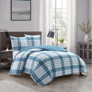 Dearfoams Super Soft 100% Cotton Comforter Set, Blue Plaid, Full/Queen - Picture 1 of 4