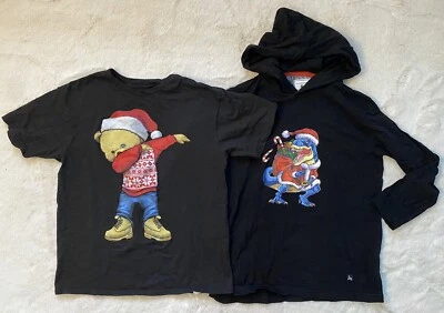 2 Camisas Negras para Niños Temática de Navidad Una Larga Slv Camiseta con Capucha y Una Camiseta SS Foto 1 de 4