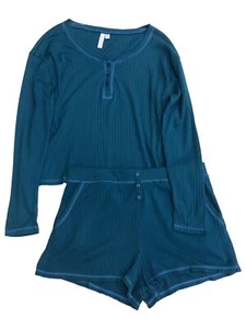 Womens Teal Blue Ribbled Knit Pajamas Sleep Set Long Sleeve Top & Shorts - Picture 1 of 2