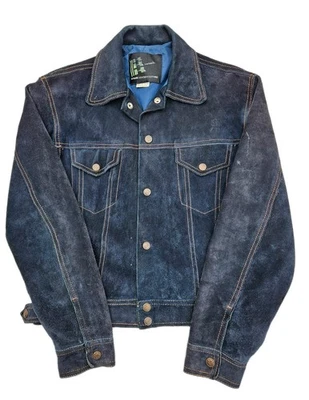 Chaqueta de camionero vintage Kawasaki de cuero gamuza azul para hombre talla pequeña años 70 Foto 1 de 4
