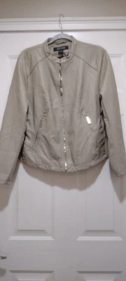 Kenneth Cole Reaction 米色/棕色人造皮革夹克银色装饰女式 XL 码 — 第 1/4 张图片