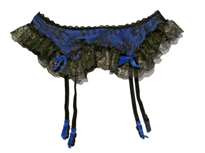 Vintage Nan Flower Garter Belt Blue Satin wBlack Lace Nylon Lingerie M 30"waist - Image 1 of 4