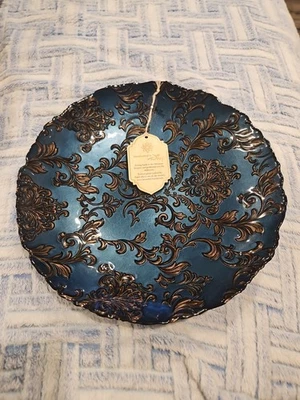 Tigela de vidro turca 12,5" Art Deco azul escuro, bronze feita à mão na Turquia NOVA - Imagem 1 de 4