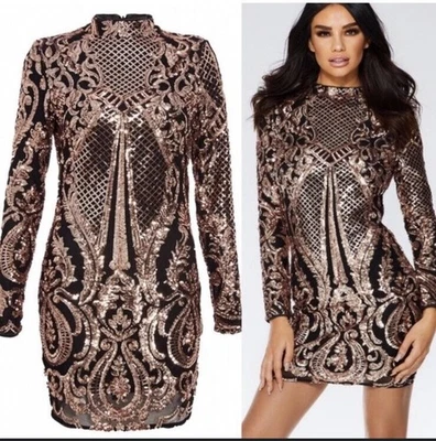 Nuevo con etiquetas Vestido ceñido al cuerpo de lentejuelas Quiz 10 Fiesta Dorado Negro Manga Larga Ocasión Navidad Foto 1 de 4