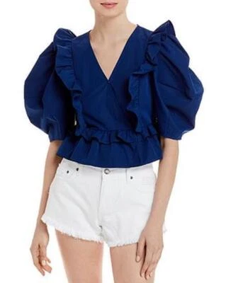 AQUA Top Blue Hummingbird Ruffled Wrap Blouse Women Sz M NEW NWT BL7 - Image 1 of 2