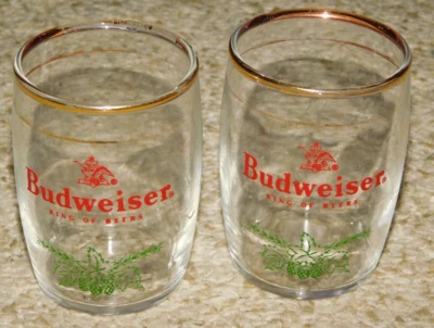 2 Vintage Anheuser-Busch Budweiser Beer Small Barrel  Tasting Glasses gold rim - Image 1 of 4