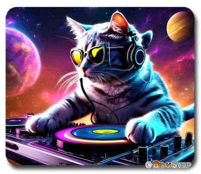 Divertido DJ Space Cat Spinning Music - Alfombrilla de ratón / Alfombrilla de ratón PC - Divertido arte meme REGALO Foto 1 de 2