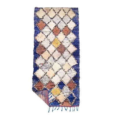 Alfombra de algodón azul geométrica marroquí hecha a mano vintage Boucherouite 3'2x7'4 Foto 1 de 4