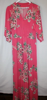 New York & Company Dress Medium Pink Stretch Maxi Floral Kimono V-neck Garden - Image 1 of 4