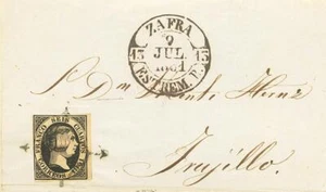 Extremadura. Historia Postal. SOBRE 6. 1851. 6 cuartos negro. Frontal de ZAFRA - Imagen 1 de 2