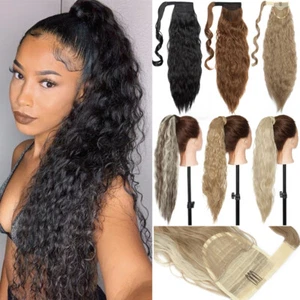 Extensiones de cabello 100% reales envolventes alrededor de cola de caballo MAÍZ ONDA de una pieza negro natural - Imagen 1 de 50