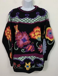 Berek Women's Size M Hand Knitted Sweater By Marta D Black Floral Pocketed VTG - Picture 1 of 13