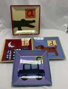 Pottery Barn Kids Plates Melamine Plastic Alphabet ABCD 8.5” square Set Of 4 - Picture 1 of 6