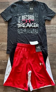 NWT Under Armour YMD Boys Black/Red/White RECORD BREAKER Shorts Set Medium - Picture 1 of 4