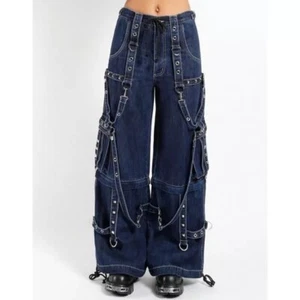 Pantalones de mezclilla azules góticos con cremallera Punk Hebilla Cremalleras Cadena Correa Pantalones Pantalón - Imagen 1 de 4