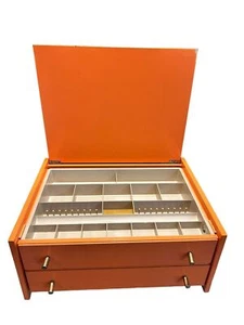Vintage MCM Horn Furniture Co. 2-Drawer Sewing Box Wooden Orange Sewing Thread - Picture 1 of 15