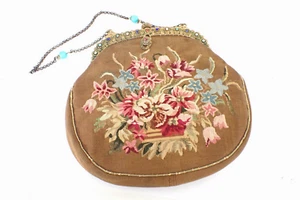 Antique 19th Century French Petit Point Embroidery Purse Jeweled Frame Floral - Picture 1 of 10