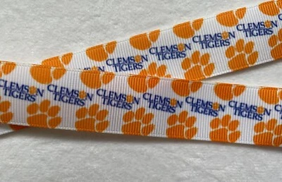 Clemson Tiger paws in  orange Blue letters Grosgrain ribbon 7/8" Sale - Image 1 of 2
