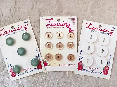 3 Sets Vtg Lansing Plastic Buttons on Lovely Art Deco Cards Green White Tan - Image 1 of 4