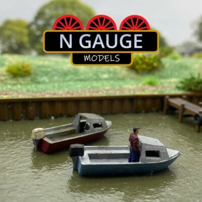 PAINTED- X2 PAIR of N Scale Gauge 1:148 Fishing Boats With Figure (Dinghy 1:160)