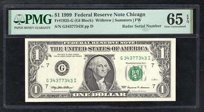 FR. 1925-G 1999 $1 FEDERAL RESERVE NOTE "RADAR S/N G34377343I” PMG GEM UNC-65EPQ - Image 1 of 2