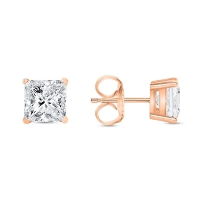 5 Ct G/VS Princess Lab Created Grown Diamond Earrings 14K Rose Gold Studs Push - Image 1 of 3