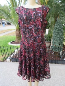 Floral Lace Dress Dressbarn Sleeveless A-Line Midi Black Red NWT - Picture 1 of 13