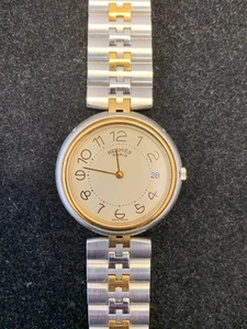 Genuine HERMES Stainless Steel 24mm Round Clipper Quartz Watch Champagne Dial - Picture 1 of 16