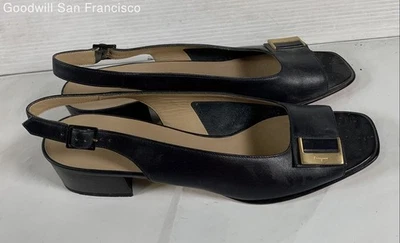 Salvatore Ferragamo Italy Black Leather Block Slingback Womens Heels Size 9AAAA - Image 1 of 4