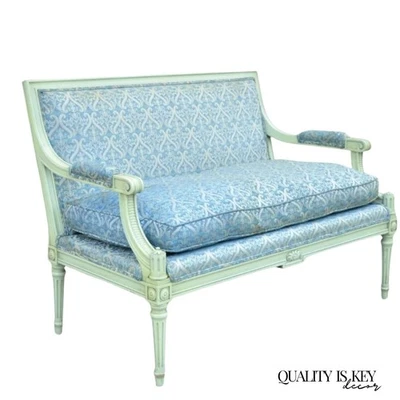 Vintage French Louis XVI Style Hollywood Regency Green Blue Settee Loveseat Sofa - Image 1 of 4