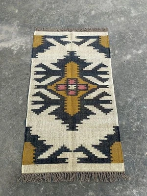 Handwoven Kilim Rug Wool Jute Blend  Handcrafted Boho Style Living Room Rug - Image 1 of 4
